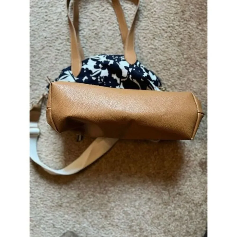 Navy Floral Canvas Tote Bag with Tan Leather Trim and Convertible Shoulder Strap